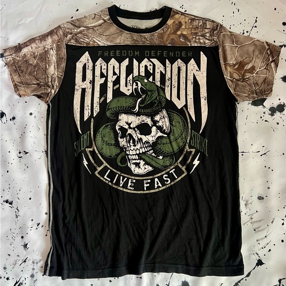 Affliction Black and Tan REALTREE Freedom Defenders Skull Graphic Tee - Picture 1 of 4